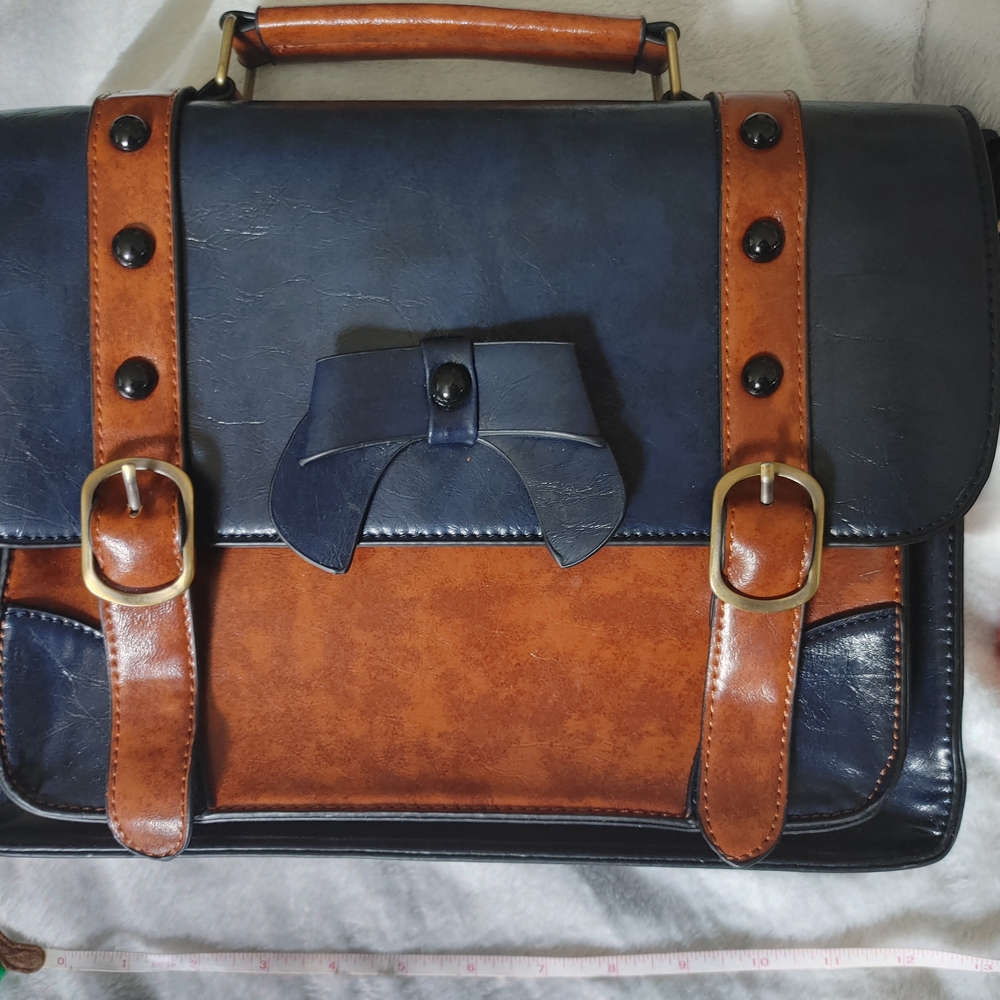 ECOSUSI Faux Leather Satchel Bag Navy Brown